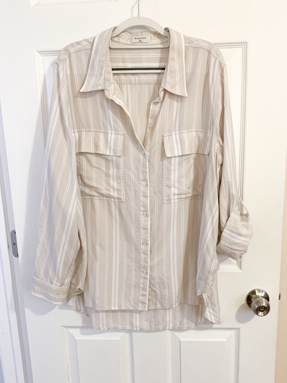 Babaton Striped Button-Up Shirt in Beige and White - 2XL